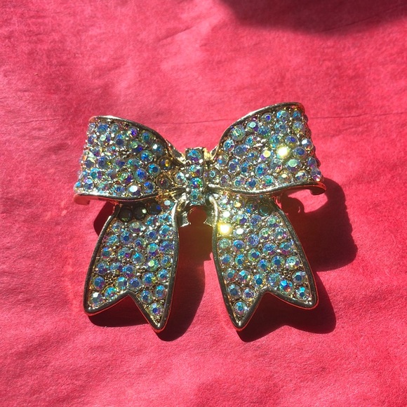 Jewelry - Sparkling Gold Tone Bow Brooch With AB Coated Rhinestones